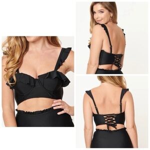 Unique Vintage Black Padded Southampton Ruffle Long Line Corset Swim Bikini Top